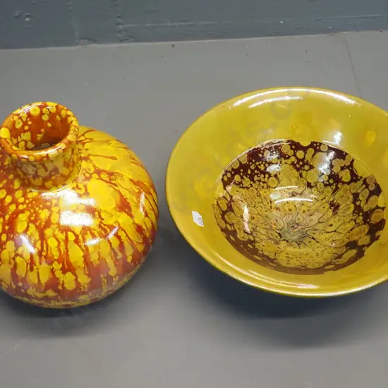 2 pieces Danny Moorwood studio pottery - orange and yellow bottle vase H190 & lustre yellow brown and black bowl D-230