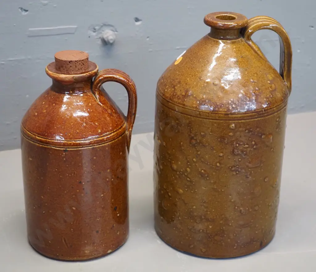 2 vintage Luke Adams stoneware narrow-mouth crocks: larger marked Adams Christchurch H-320 D-190, smaller w/cork stopper Image 1++