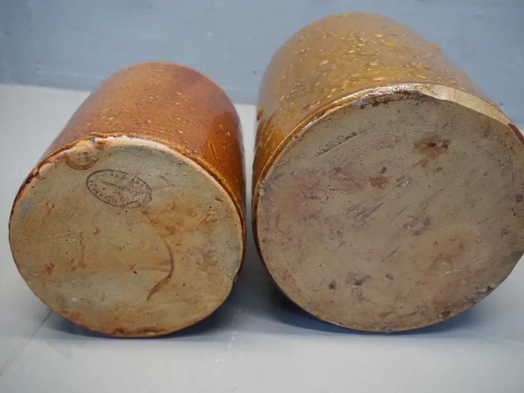 2 vintage Luke Adams stoneware narrow-mouth crocks: larger marked Adams Christchurch H-320 D-190, smaller w/cork stopper Image 1++