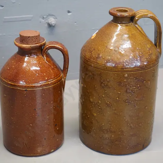 2 vintage Luke Adams stoneware narrow-mouth crocks: larger marked Adams Christchurch H-320 D-190, smaller w/cork stopper