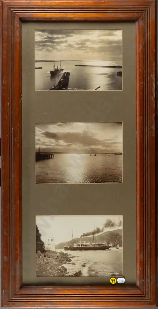 framed vintage Muir & Moodie photographic triptych - Oamaru Harbour, Auckland Harbour, The French Pass H-560 W-195 Image 1++