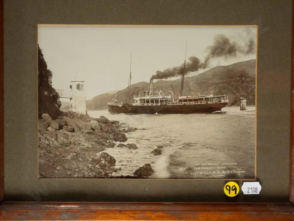 framed vintage Muir & Moodie photographic triptych - Oamaru Harbour, Auckland Harbour, The French Pass H-560 W-195 Image 1++