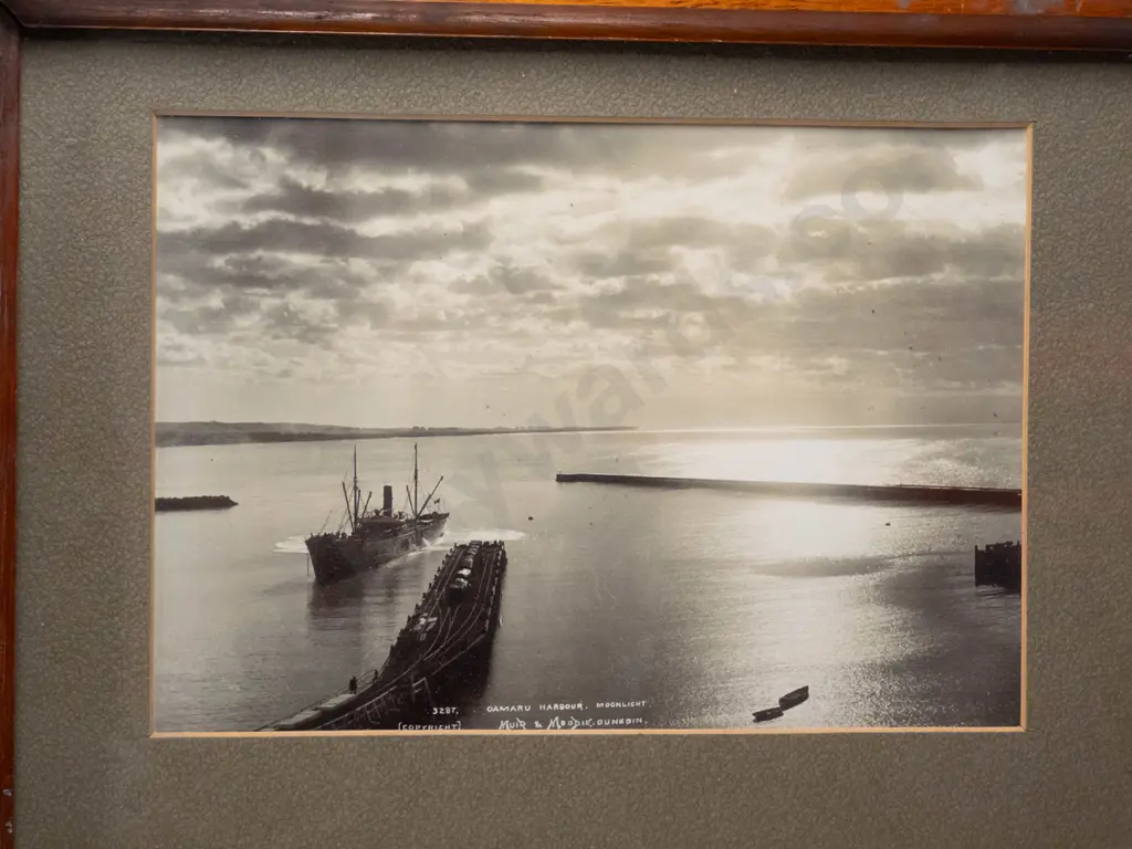 framed vintage Muir & Moodie photographic triptych - Oamaru Harbour, Auckland Harbour, The French Pass H-560 W-195 Image 1++