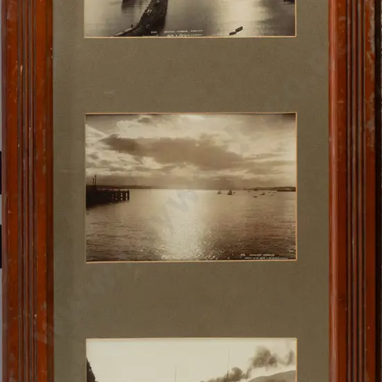 framed vintage Muir & Moodie photographic triptych - Oamaru Harbour, Auckland Harbour, The French Pass H-560 W-195