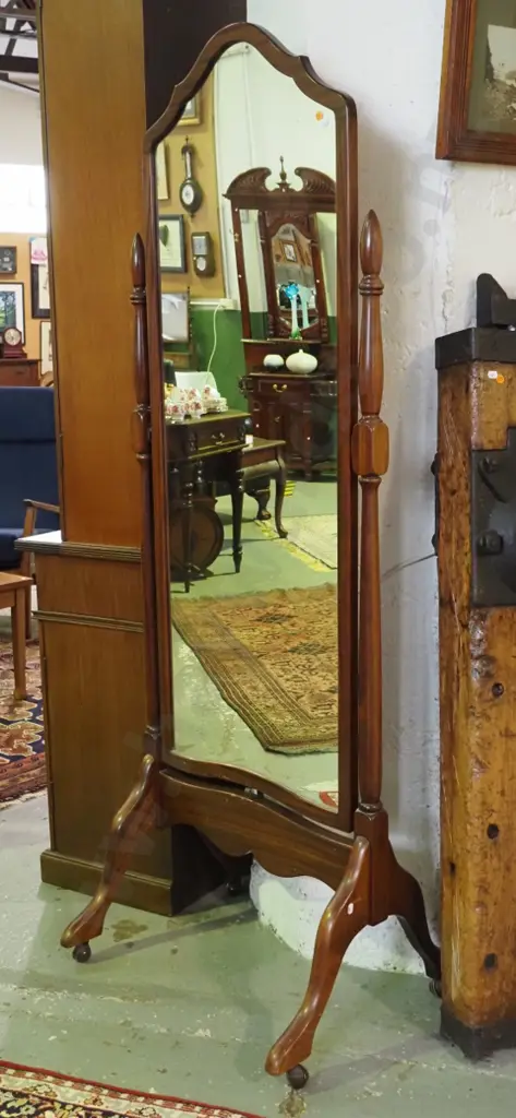 reproduction mahogany floor-standing cheval mirror on casters H-1680 W-600 D-400 Image 1++
