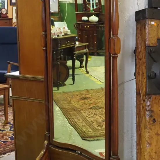 reproduction mahogany floor-standing cheval mirror on casters H-1680 W-600 D-400