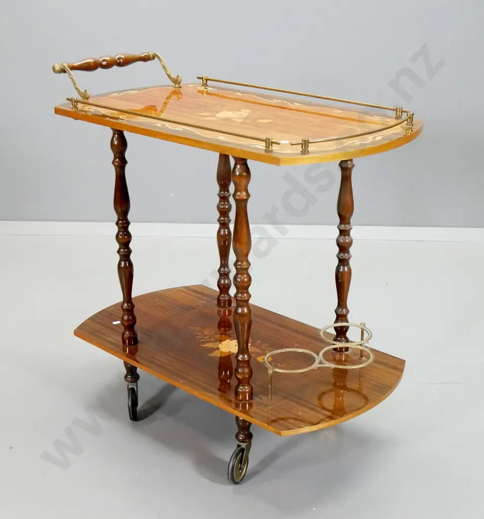 Italian  mahogany veneer & inlay Sorrento style drinks trolley, gallery top, bottle holder in base H750 L780 W400 Image 1++