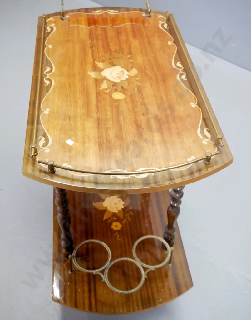 Italian  mahogany veneer & inlay Sorrento style drinks trolley, gallery top, bottle holder in base H750 L780 W400 Image 1++