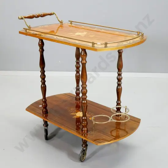 Italian  mahogany veneer & inlay Sorrento style drinks trolley, gallery top, bottle holder in base H750 L780 W400