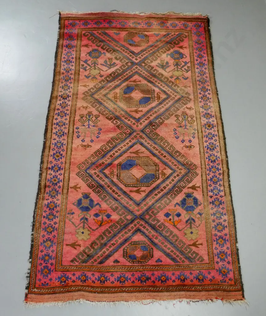 hand-knotted wool Persian floor rug - reds, blues and browns - fading, some fraying L-2260 W-1300 Image 1++