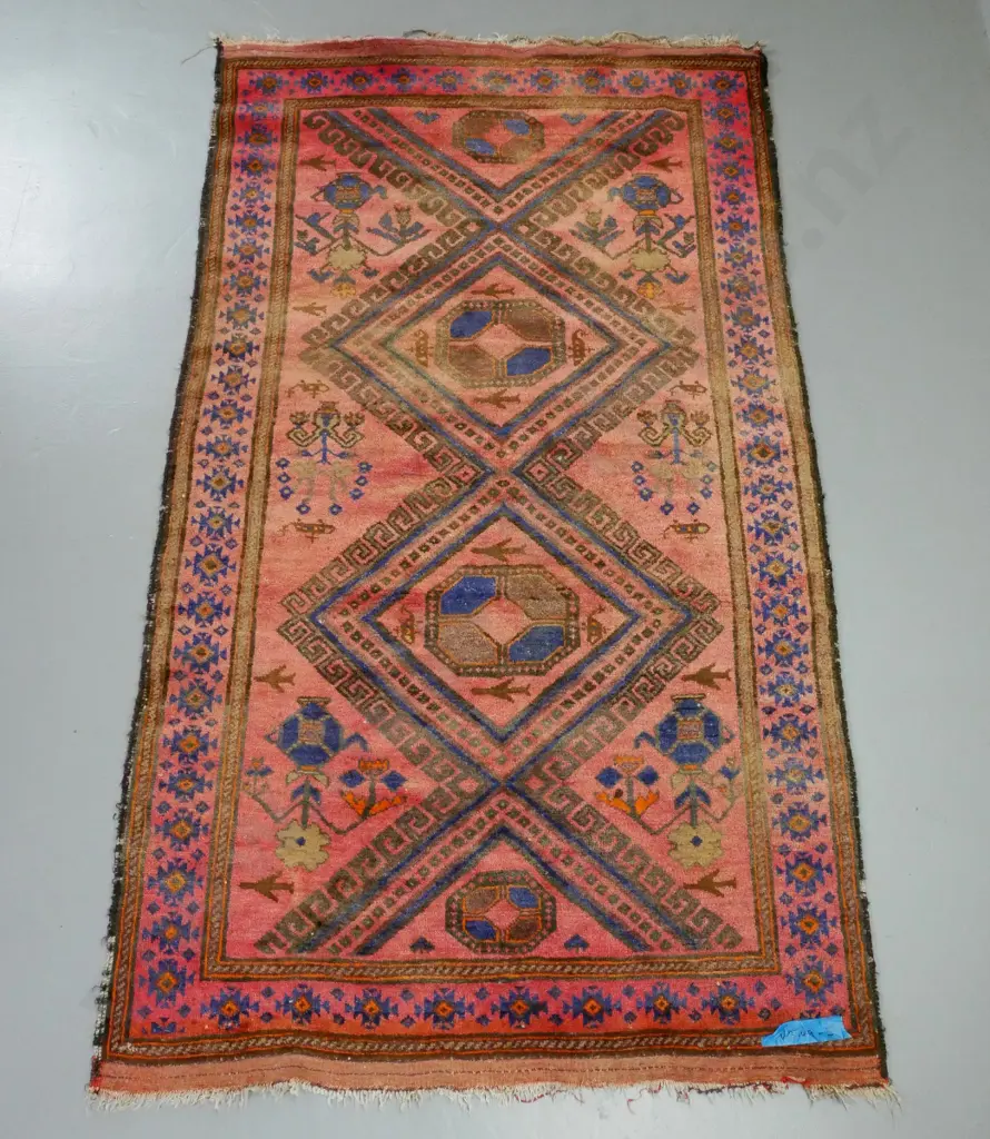 hand-knotted wool Persian floor rug - reds, blues and browns - fading, some fraying L-2260 W-1300 Image 1++