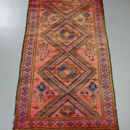 hand-knotted wool Persian floor rug - reds, blues and browns - fading, some fraying L-2260 W-1300