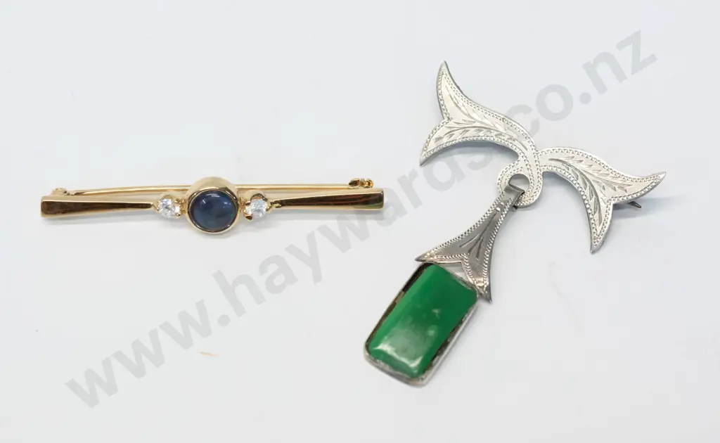 gold bar brooch [no stamp] centre 6mm round triplex opal with white stones & silver rectangular drip brooch 15x8mm Image 1++