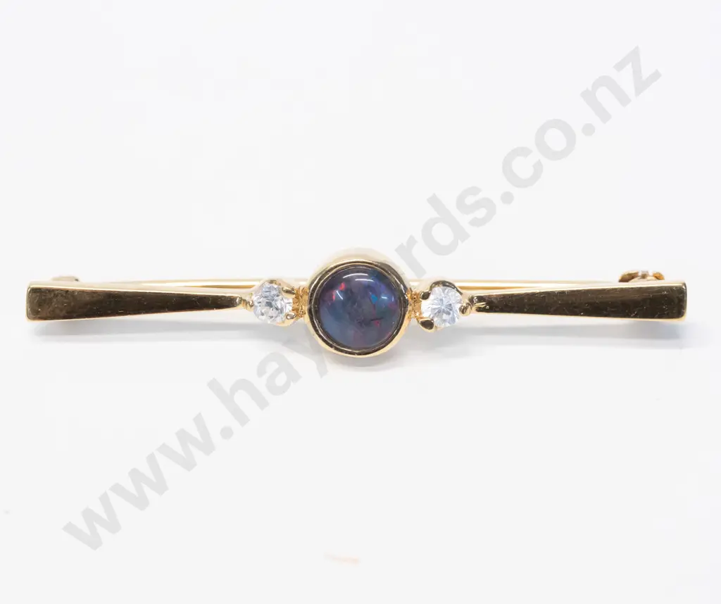 gold bar brooch [no stamp] centre 6mm round triplex opal with white stones & silver rectangular drip brooch 15x8mm Image 1++