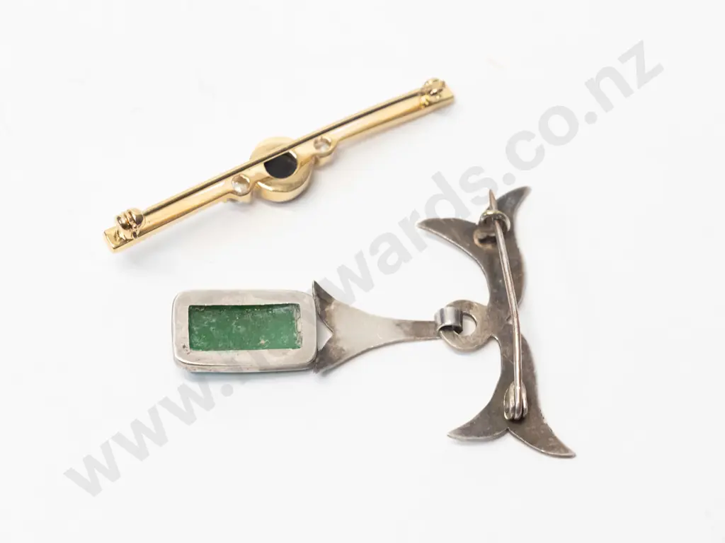 gold bar brooch [no stamp] centre 6mm round triplex opal with white stones & silver rectangular drip brooch 15x8mm Image 1++