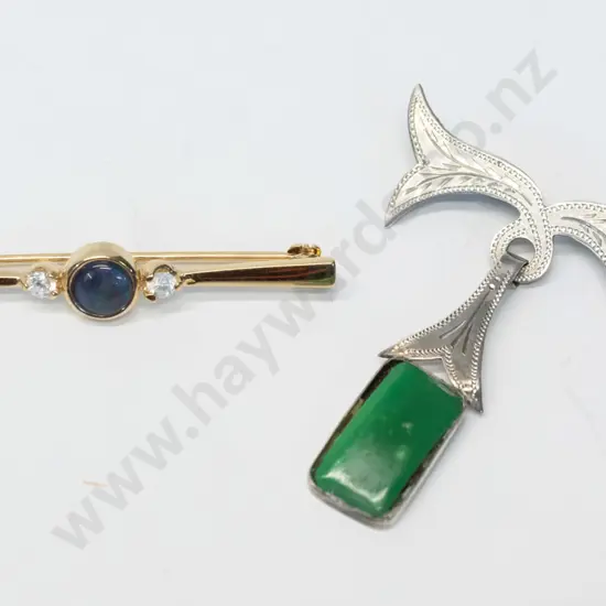 gold bar brooch [no stamp] centre 6mm round triplex opal with white stones & silver rectangular drip brooch 15x8mm