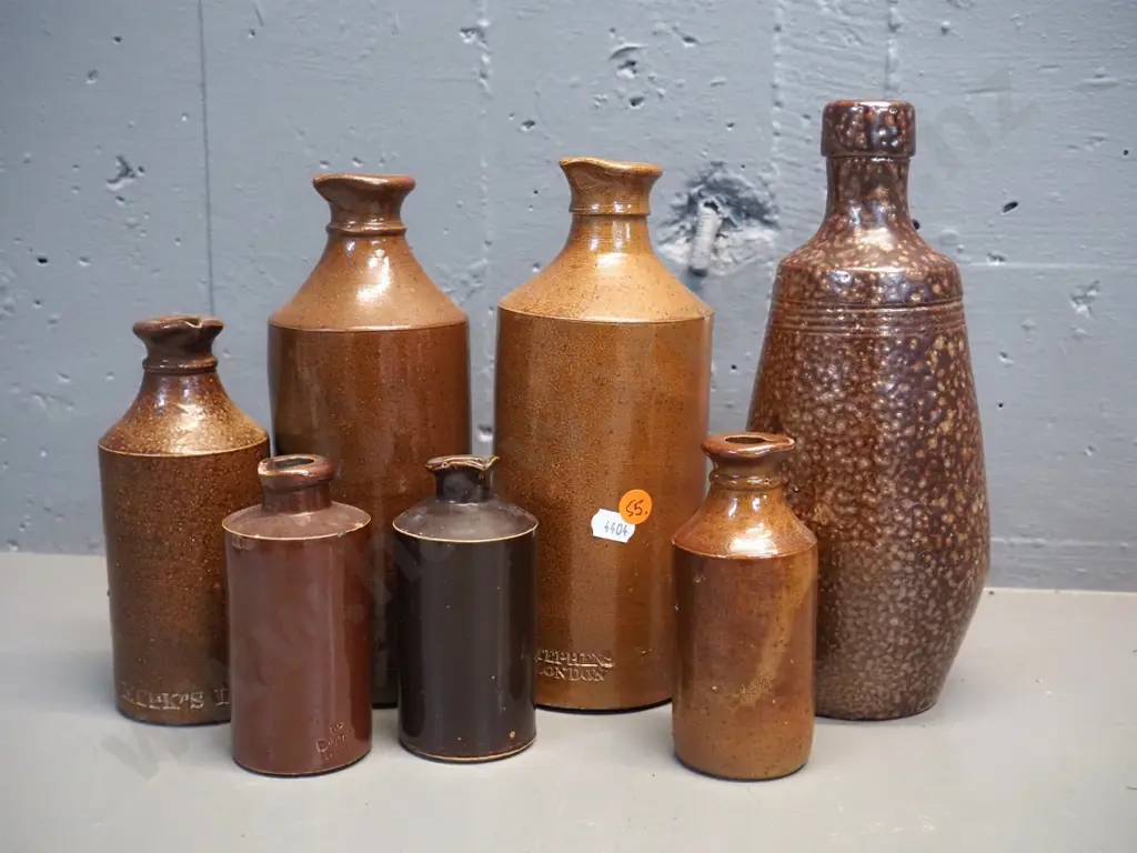assorted salt-glazed pottery ink bottles - Meek's, Stephens, Doulton Lambeth, Bourne and larger Portuguese H250 Image 1++