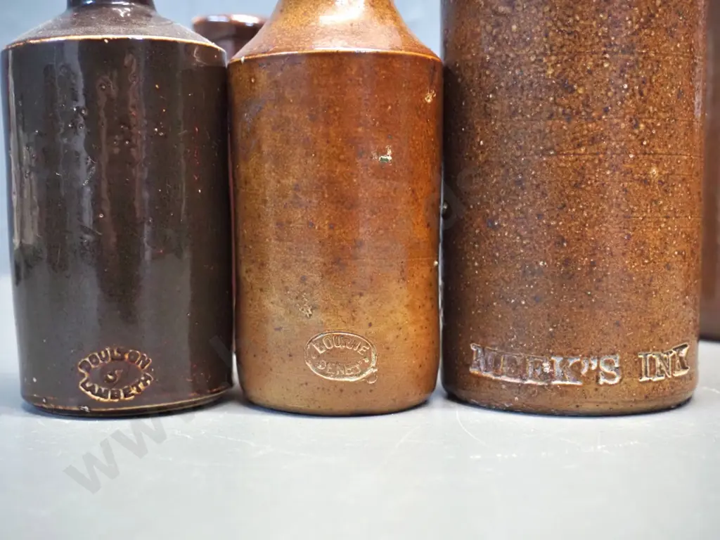 assorted salt-glazed pottery ink bottles - Meek's, Stephens, Doulton Lambeth, Bourne and larger Portuguese H250 Image 1++