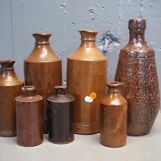 assorted salt-glazed pottery ink bottles - Meek's, Stephens, Doulton Lambeth, Bourne and larger Portuguese H250