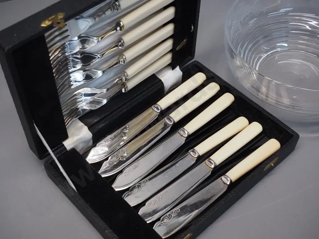 cased set of 6 bone-handled fish knives & forks w/etched blades, and a Stuart etched crystal salad bowl H85 D200 Image 1++