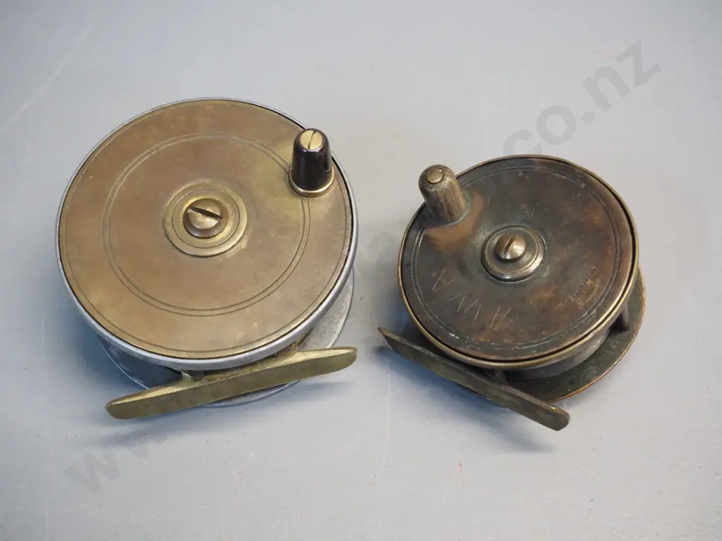 2 vintage metal fishing reels - brass A&W. McCarthy Dunedin & Invercargill, other unmarked D-85 Image 1++