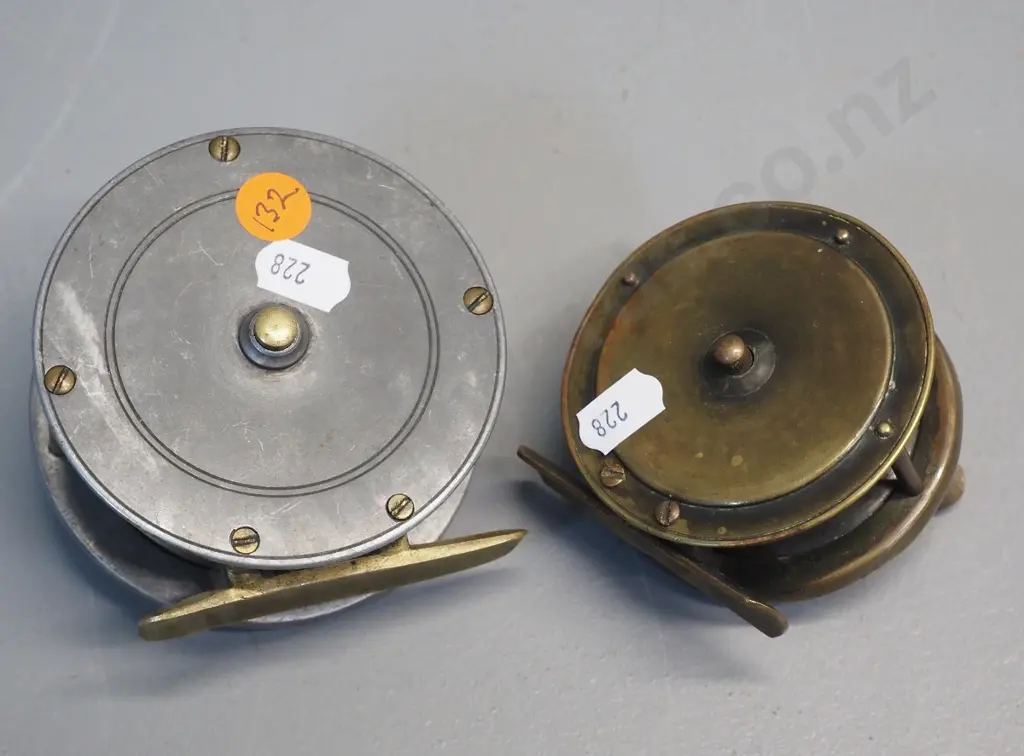 2 vintage metal fishing reels - brass A&W. McCarthy Dunedin & Invercargill, other unmarked D-85 Image 1++