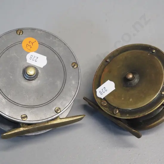 2 vintage metal fishing reels - brass A&W. McCarthy Dunedin & Invercargill, other unmarked D-85