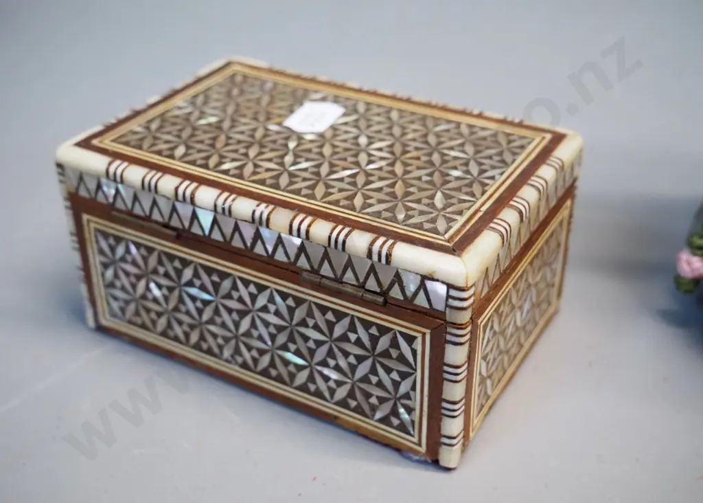 hat pin cushion with 17 hat pins and a small wood & mother of pearl inlay trinket box Image 1++
