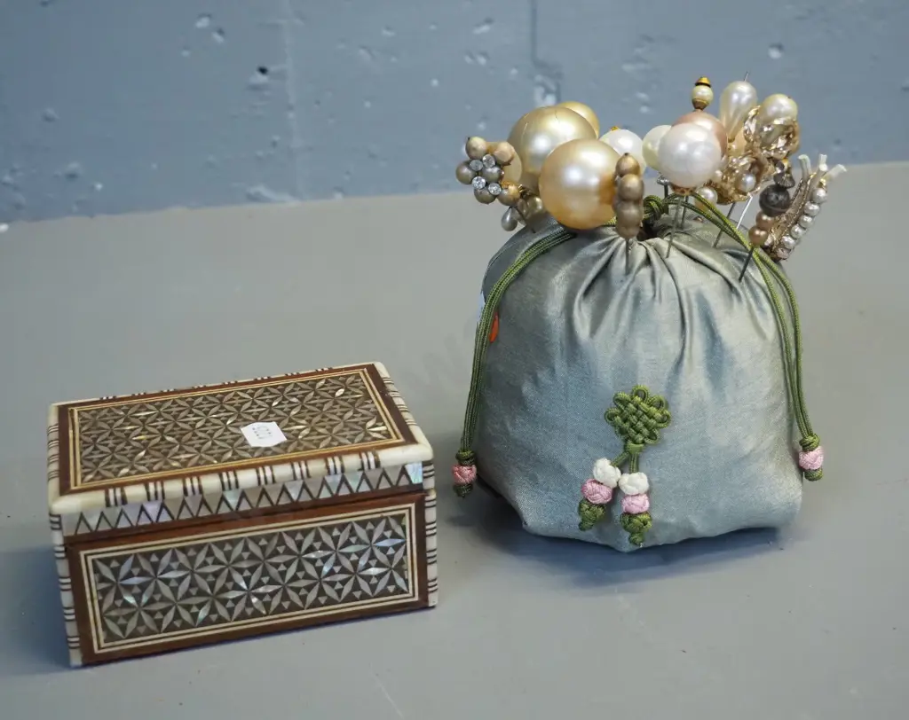 hat pin cushion with 17 hat pins and a small wood & mother of pearl inlay trinket box Image 1++