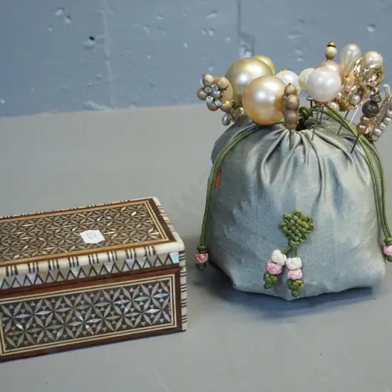 hat pin cushion with 17 hat pins and a small wood & mother of pearl inlay trinket box