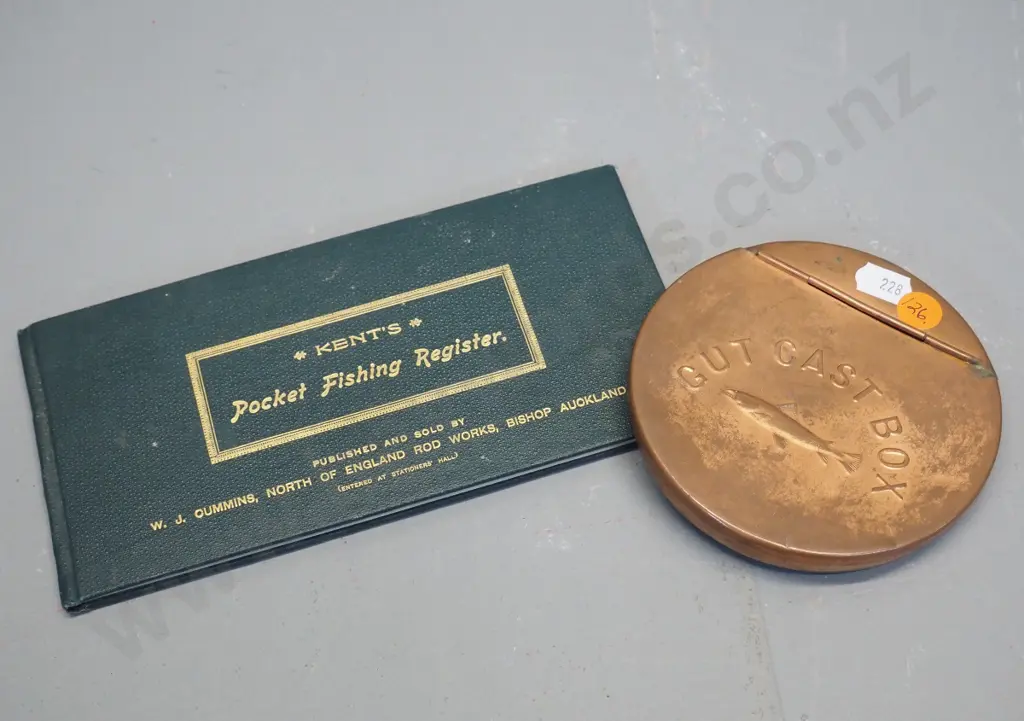 copper fishing line container Diameter 110 and a Kent's fishing catch diary - only one entry from 1964 Image 1++