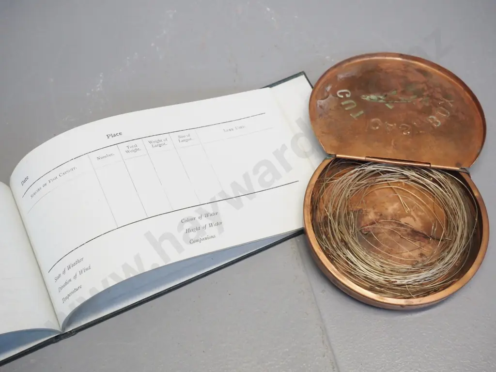 copper fishing line container Diameter 110 and a Kent's fishing catch diary - only one entry from 1964 Image 1++