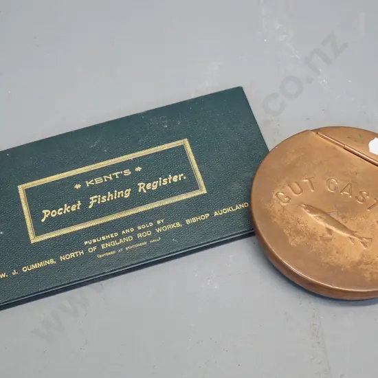 copper fishing line container Diameter 110 and a Kent's fishing catch diary - only one entry from 1964