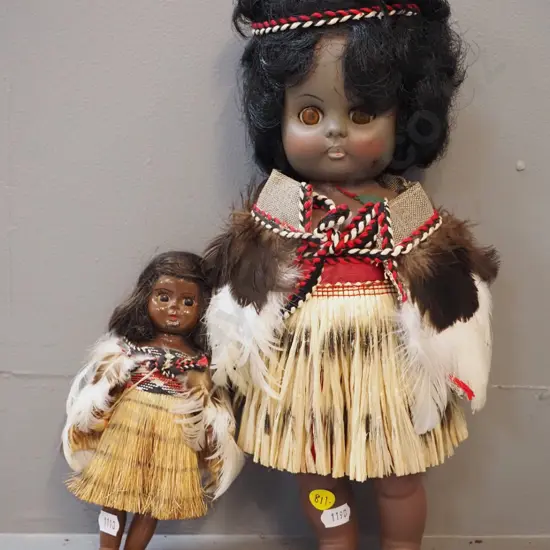 2 retro plastic souvenir dolls in Maori dress - larger is H-320