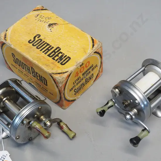 2 vintage metal fly fishing reels - boxed South Bend No. 400, made in USA & Shakespeare Criterion made in Toronto Canada