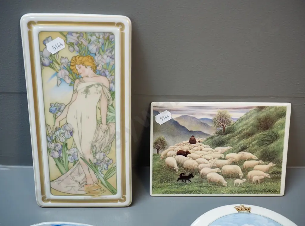 4 ceramic wall plaques - Hutschenreuther Alfons Mucha H-205 Goebel child's scene, Villeroy & Boch, reproduction pot lid Image 1++