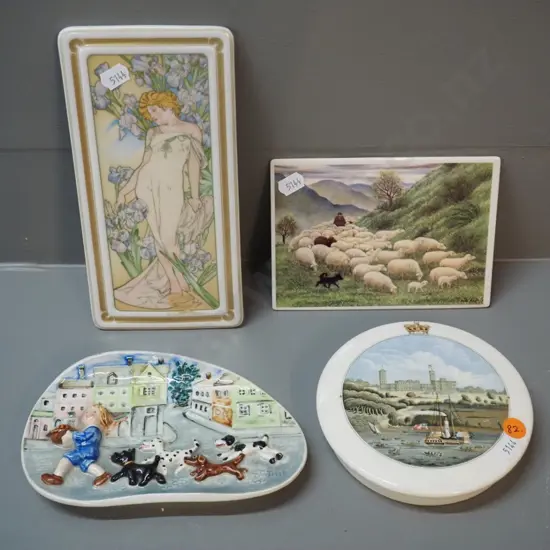 4 ceramic wall plaques - Hutschenreuther Alfons Mucha H-205 Goebel child's scene, Villeroy & Boch, reproduction pot lid
