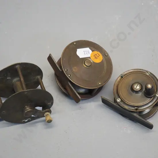 3 vintage small metal fly fishing reels - one marked Harrods London, one S. Allcock Redditch D-60, one unmarked