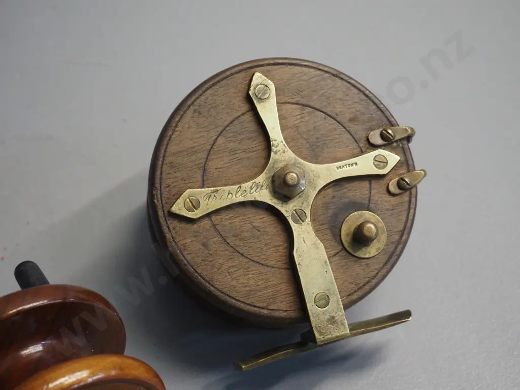 2 vintage timber and brass fishing reels - larger Heaton's Triplelife D-100 & other marked Made in England Image 1++