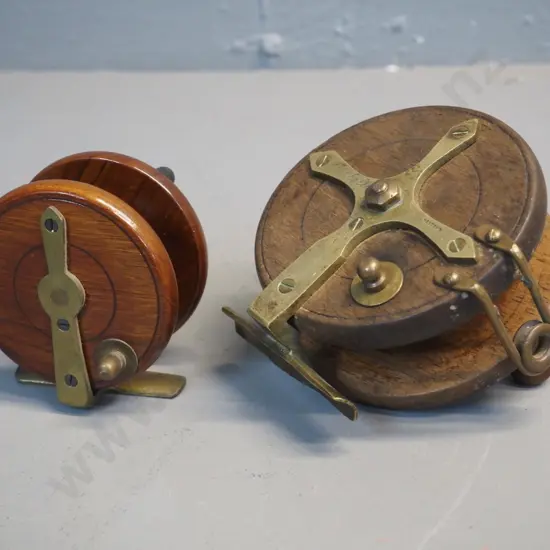 2 vintage timber and brass fishing reels - larger Heaton's Triplelife D-100 & other marked Made in England