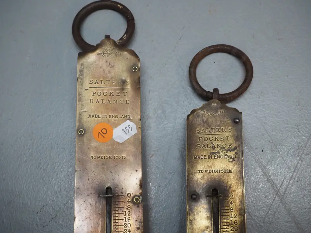2 vintage brass faced Salter spring scales - larger marked 100 lb. H-380 smaller 50 lb. Image 1++