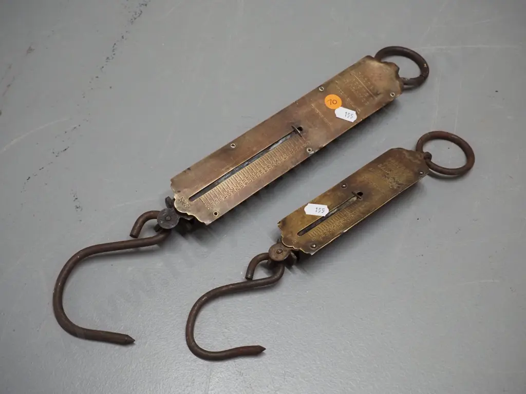 2 vintage brass faced Salter spring scales - larger marked 100 lb. H-380 smaller 50 lb. Image 1++