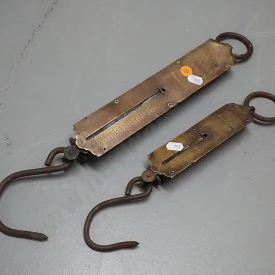 2 vintage brass faced Salter spring scales - larger marked 100 lb. H-380 smaller 50 lb.