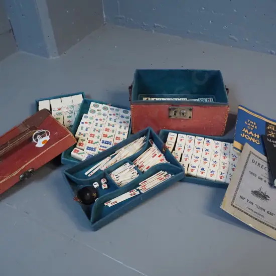 vintage mah jong set with booklets in fabric covered case - wear and tear, lid has separated