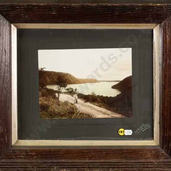 framed vintage hand coloured  CP Parkinson photograph c 1900-  Lake Rotorua H-300 W-210