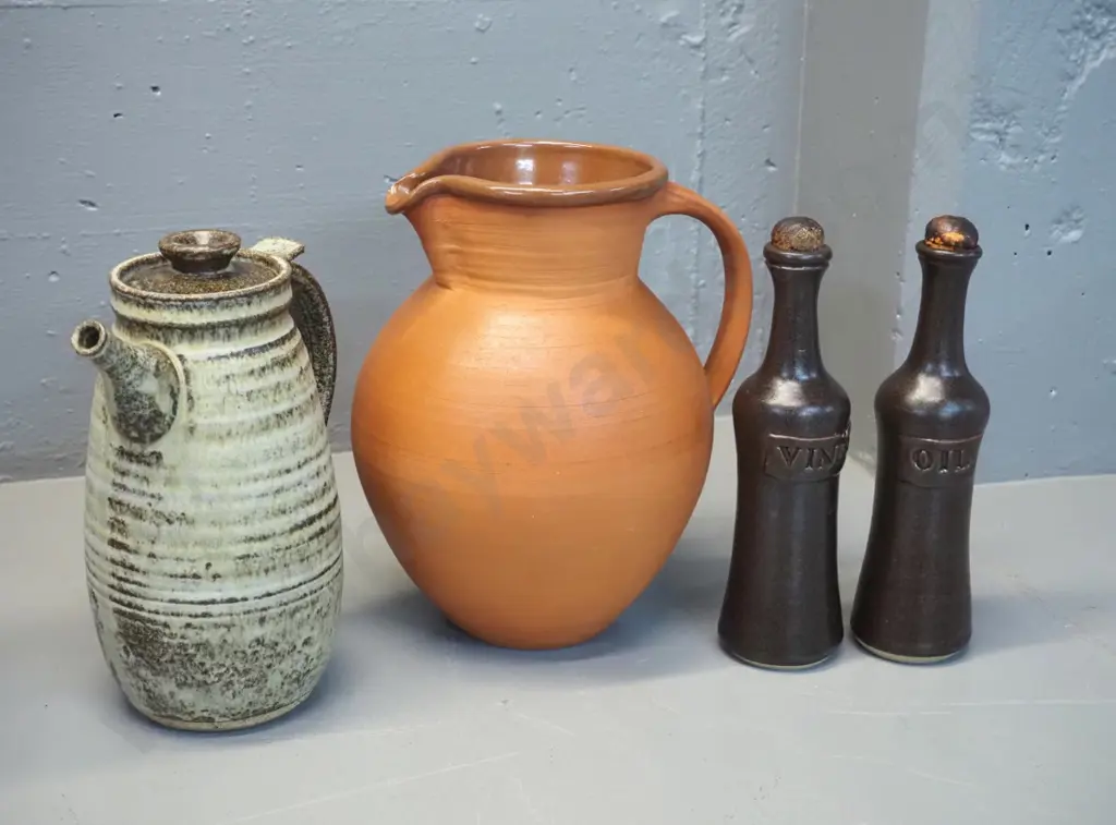 New Zealand studio pottery: Danny Moorwood jug H260, Michael Packer coffee pot, Rachael Cameron oil & vinegar bottles Image 1++