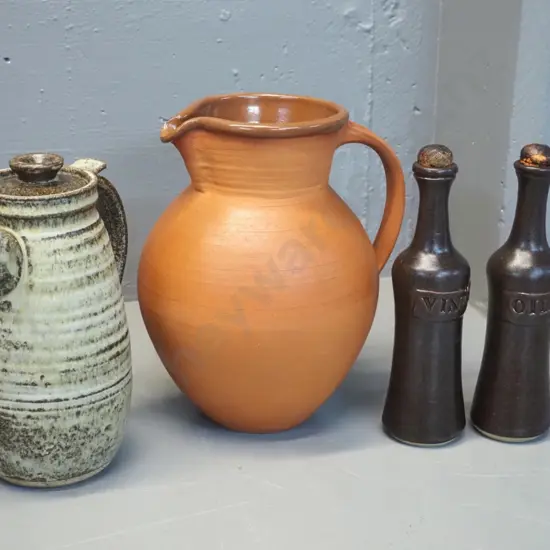 New Zealand studio pottery: Danny Moorwood jug H260, Michael Packer coffee pot, Rachael Cameron oil & vinegar bottles