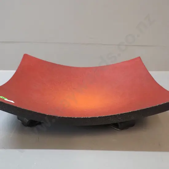 Danny Moorwood studio pottery copper square 4-footed dish - impressed pattern dark orange/red and black below 340 x 340