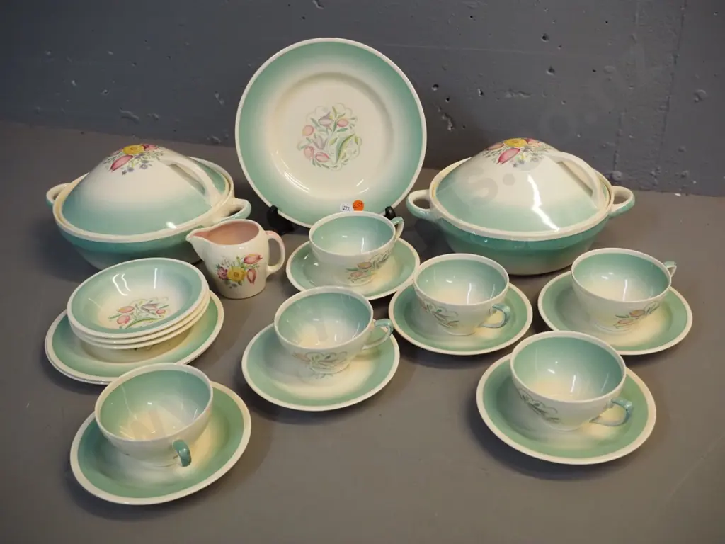 assorted Susie Cooper Springtime dinnerware - 2 lidded servers, 6 cups & saucers, etc. plus a small pink jug Image 1++