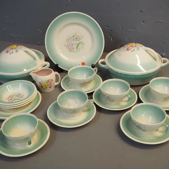 assorted Susie Cooper Springtime dinnerware - 2 lidded servers, 6 cups & saucers, etc. plus a small pink jug